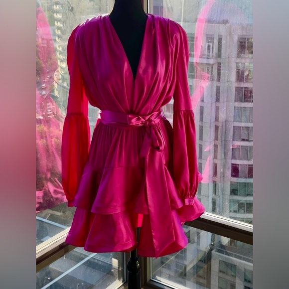 🆕 BRONX & BANCO 🧿 NWOT Bedouin V-Neck Ruffle Mini Dress, Pink Silk - Size L - Picture 5 of 15